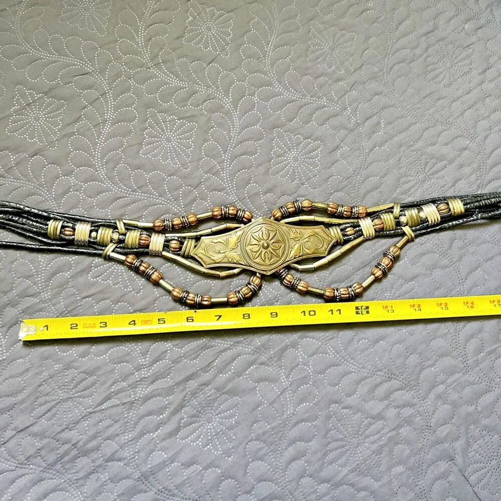 Vintage Boho Multi Strand Leather Belt Bronze Beaded Statement Festival Waist
